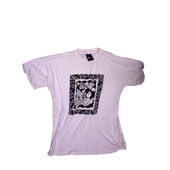 Sixth Sense Tops - Vintage Black & White Linocut Rose Floral Graphic T-Shirt Womens Large 16 Tee